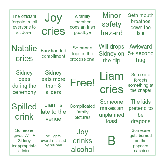 Will + Sidney’s Wedding Day Bingo Card