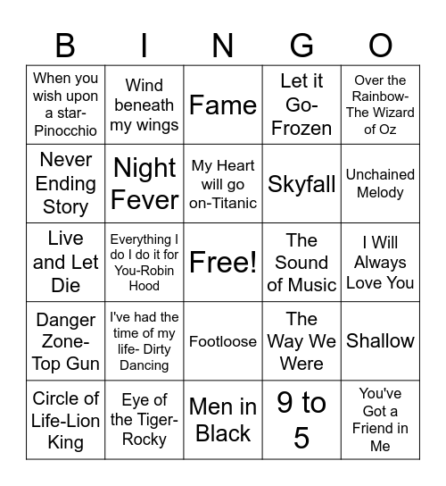 Movie Theme Song Bingo Card