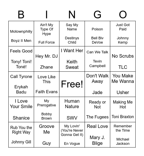 🎤 90’s – New Jack Swing & Sampled Hits Playlist Bingo Card