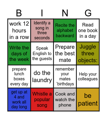 Speak Out - A1- Unit 5 Bingo Card