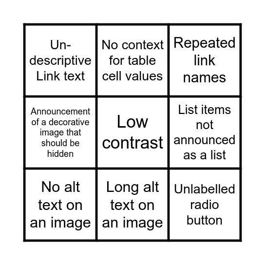 Screen Reader Bingo Card