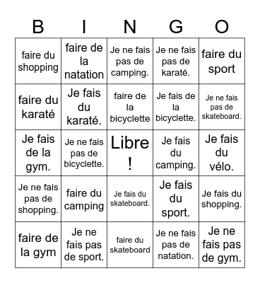 Activités avec faire Bingo Card