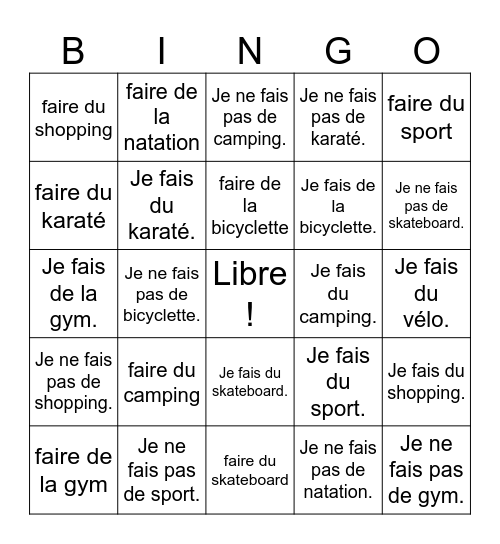 Activités avec faire Bingo Card