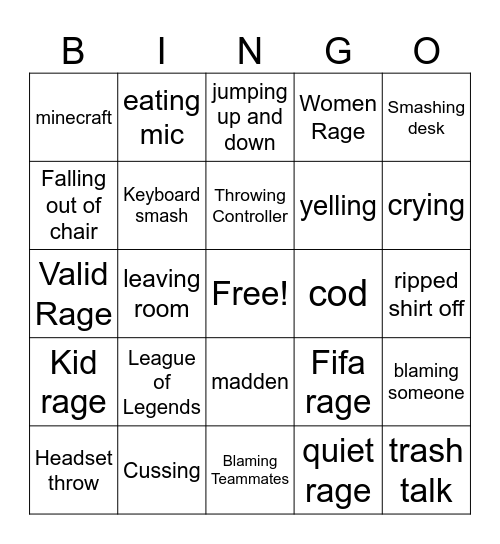 Gamer rage Bingo Card