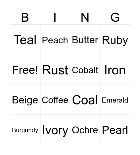 Advanced colours Bingo Card