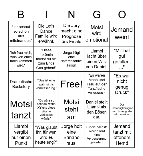 Lets Dance Bingo Card