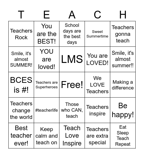 Teacher Appreciation Bingo Card