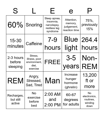 Sleep Hygiene Bingo! Bingo Card