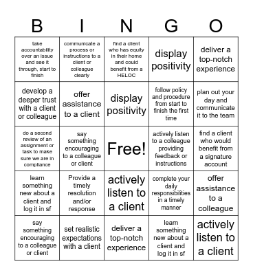 World Class Work Environment Bingo Card