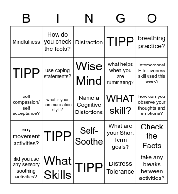 DBT Skills Bingo! Bingo Card