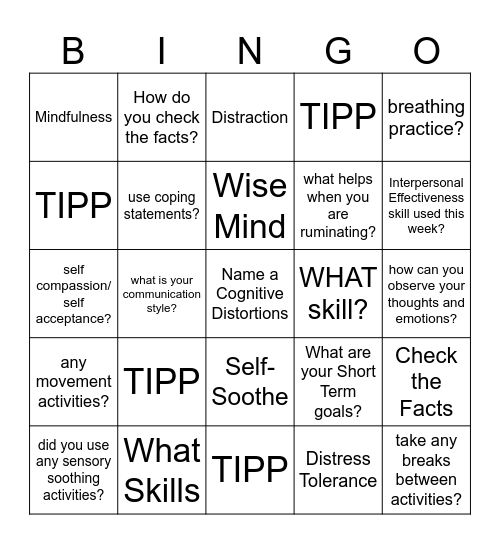 DBT Skills Bingo! Bingo Card