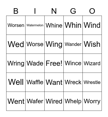 Action Verbs Start With W Bingo Card