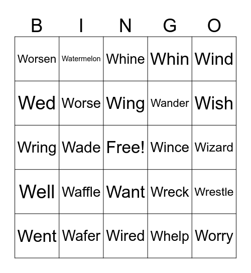 Action Verbs Start With W Bingo Card