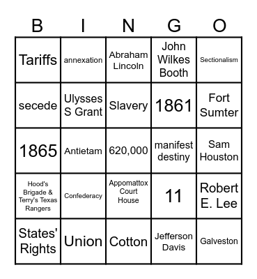 Civil War 2026 Bingo Card