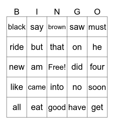 sight words Bingo Card