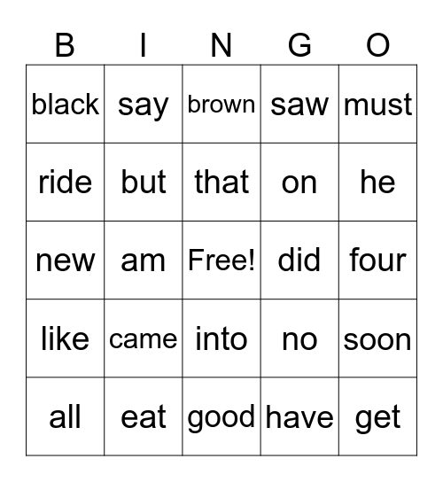 sight words Bingo Card