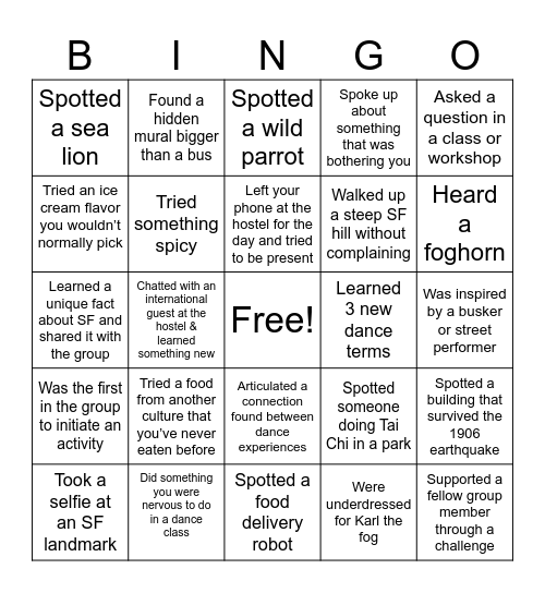 Dance in San Francisco BINGO Card