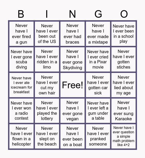 Never Have I Ever Bingo Card
