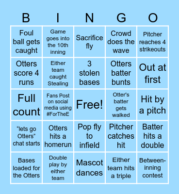 Otters Baseball Bingo Card Bingo Card