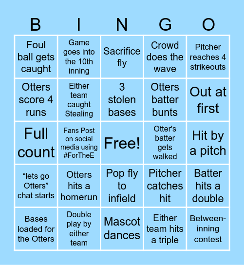 Otters Baseball Bingo Card Bingo Card