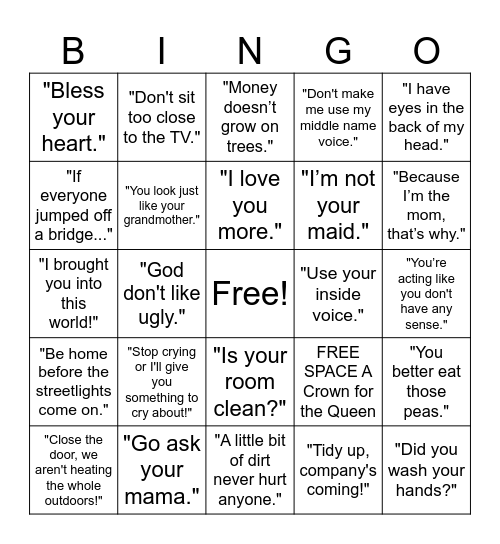 Mom-isms Bingo and Bad Advise Bingo Card