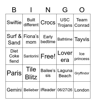 Sarah's Bridal Bingo Card