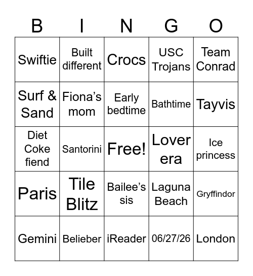 Sarah's Bridal Bingo Card