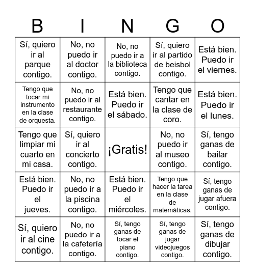 Poder, Querer, Tener ganas de, Tener que Bingo Card