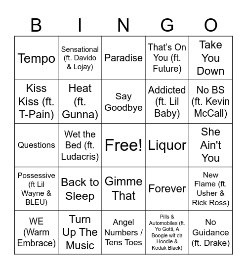 Chris Brown Bingo Card