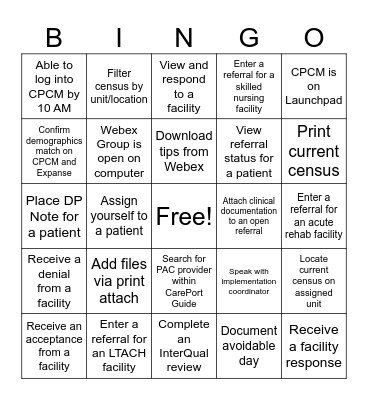CarePort Care Management Bingo Card