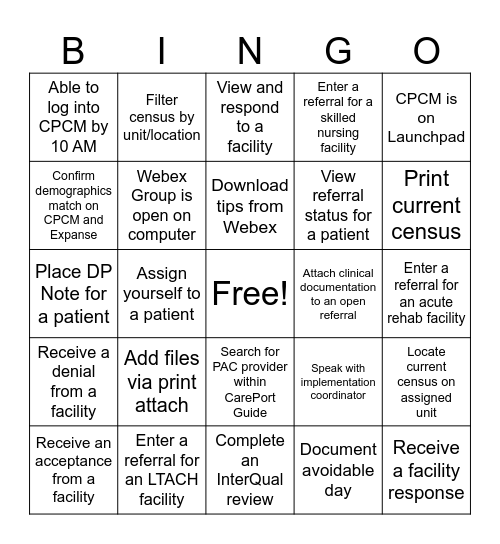 CarePort Care Management Bingo Card