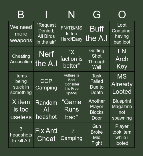 Grayzone compalint Bingo Card