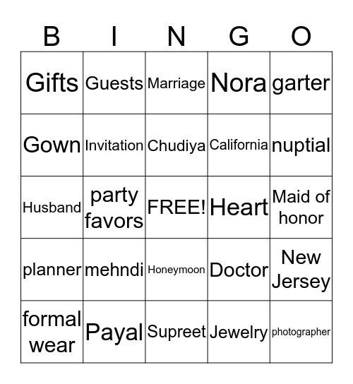 Jaskirat's Bridal Shower Bingo Card