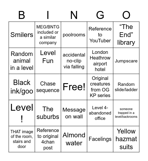 Backrooms movie bingo!! Bingo Card