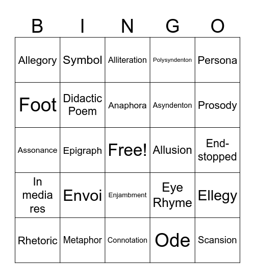 Lit/Poetic Terms Bingo Card