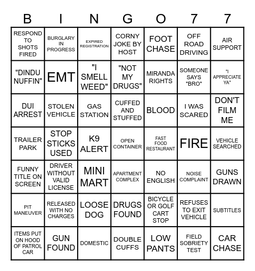 ON PATROL LIVE Bingo Card