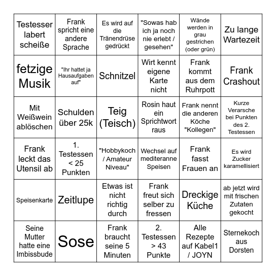 Rosins Restaurant Bingo v6 Bingo Card
