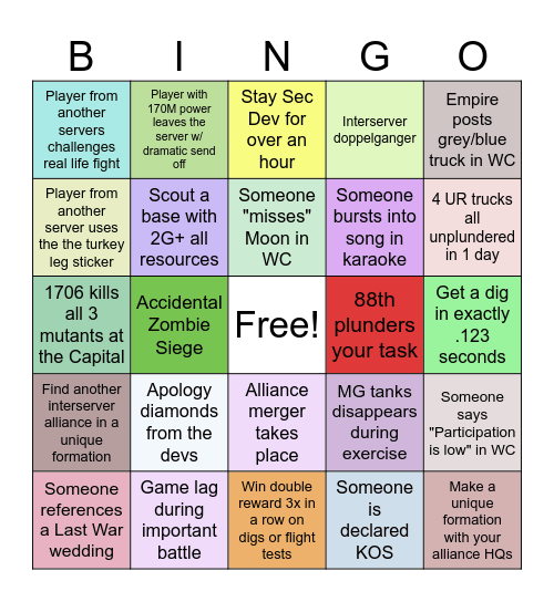 Last War Bingo Card
