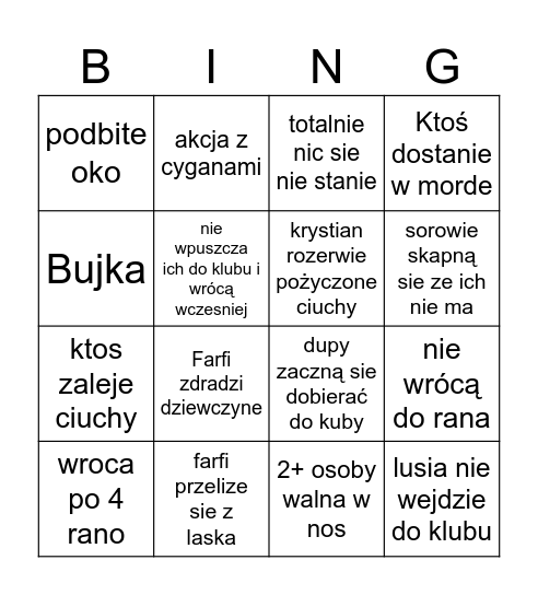 kluby trip Bingo Card