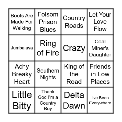Music Bingo Country Edition Bingo Card