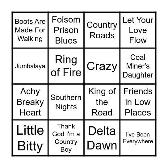 Music Bingo Country Edition Bingo Card