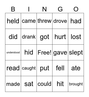 Irregular Verbs Bingo Card