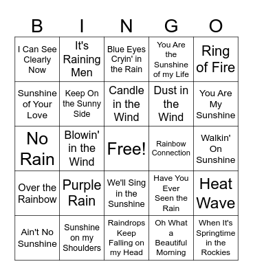 Weather Songs Sunshine Bingo Card