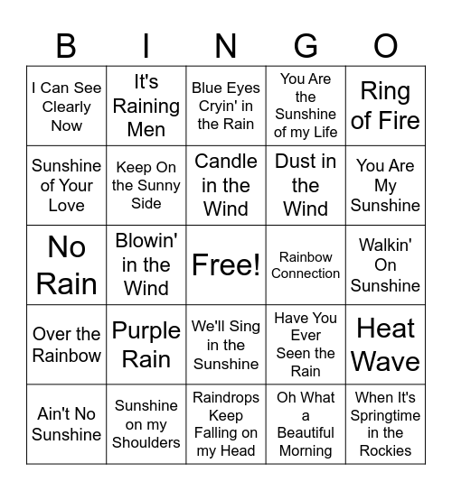 Weather Songs Sunshine Bingo Card