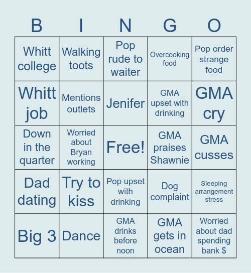 Beach Trip BINGO Card