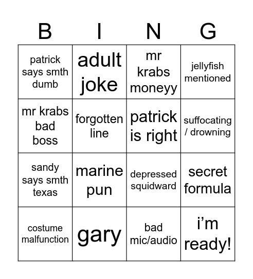 SPONGEBOB Bingo Card