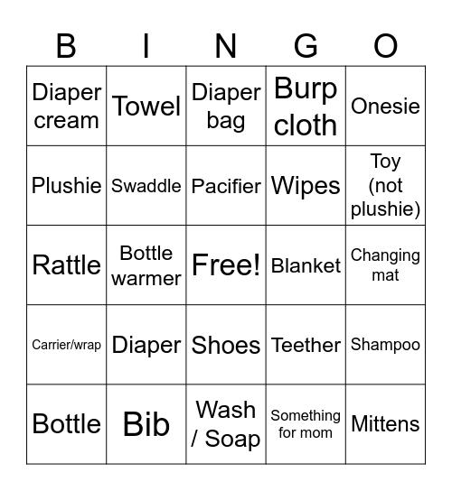 Baby Shower Bingo Card