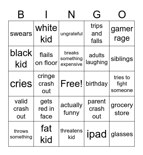 Kid crashouts Bingo Card