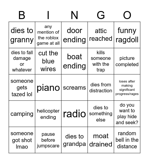 stickman granny bingo Card