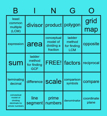 SWUN Vocabulary - Unit 1 (6th Grade) Bingo Card